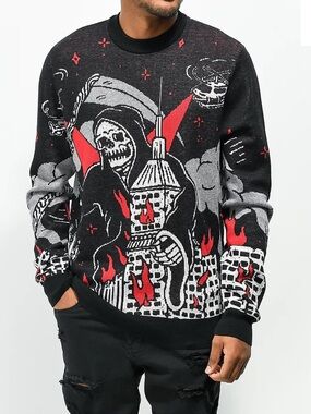 Lurking Class Grim Reaper Skull Graphic Streetwear Goth Destroy Sweater Sz M